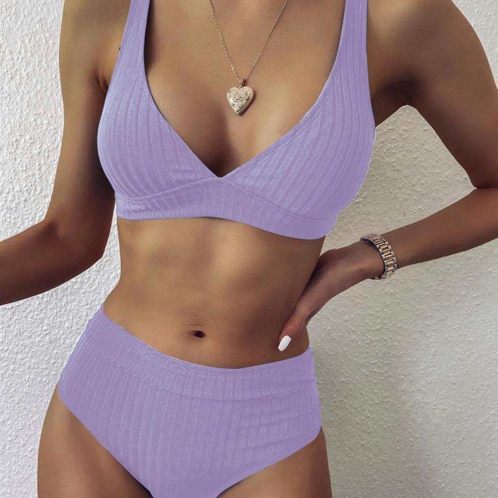Big Pit Strip High Waist Pure Color Bikini Double Shoulder Belt Split Swimsuit Women's Swimsuit
