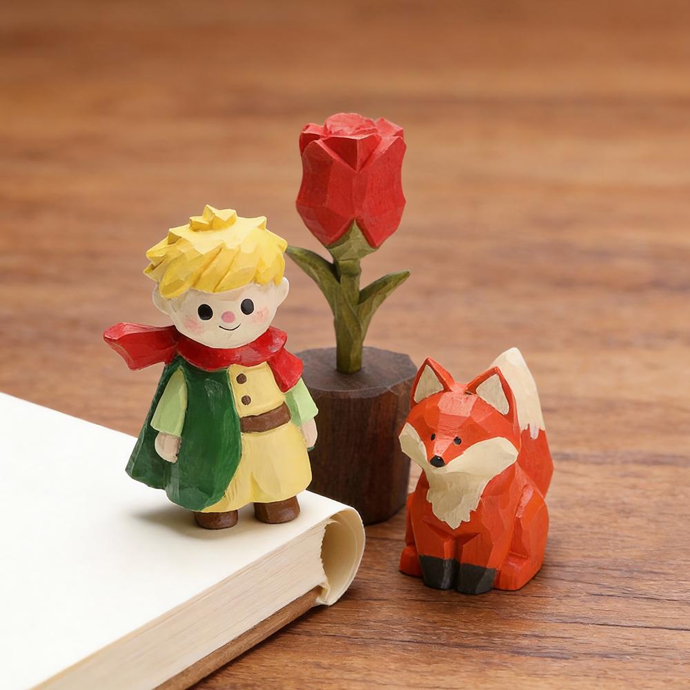 Vintage Handmade Solid Wood Fox Sculpture Statue Miniature Animal Figurines Desktop Ornament for Home Office Decoration Gift