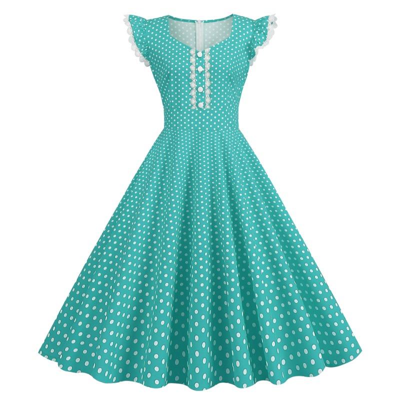 Vestido Feminino Retrô com Decote Quadrado, Manga de Renda, Estampa de Bolinhas, Saia Rodada, Cinco Cores