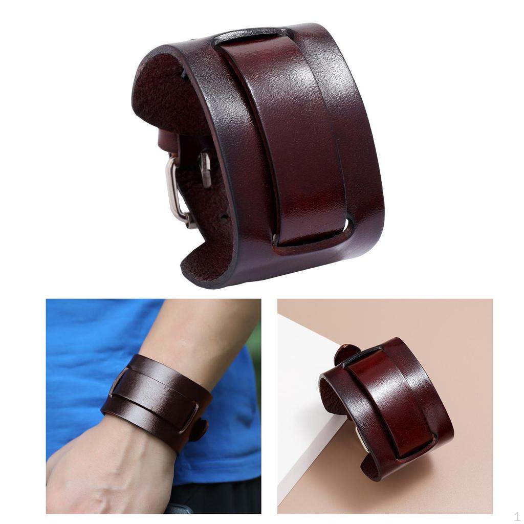 PU Leather Bracelet, Adjustable Buckle Belt Bracelet Cuff Punk Style for Men Women
