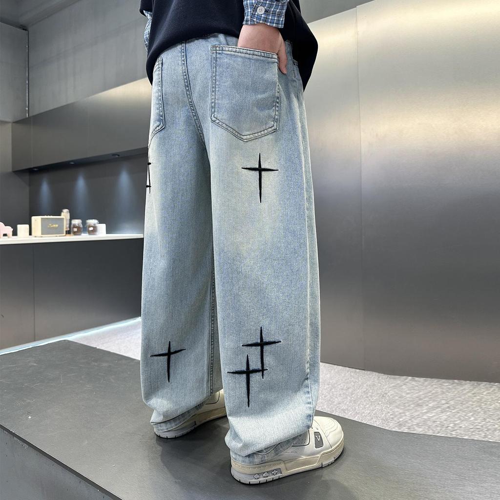 Men's 2026 Spring Trend Loose Wide-Leg Jeans with Cross Star Embroidery
