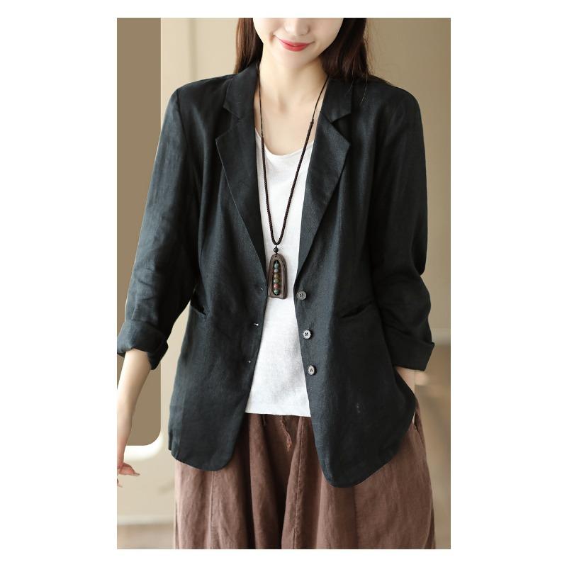 Women S Vintage Casual Blazer Jacket Turn Down Collar Cotton Linen