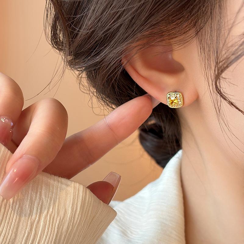 Geometric square zircon stud earrings temperament exquisite versatile earrings earrings design sense niche