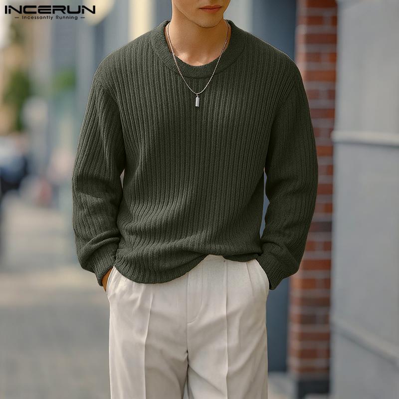 INCERUN Autumn Men Round Neck Long Sleeve Texture Rib Casual Pullover Tops