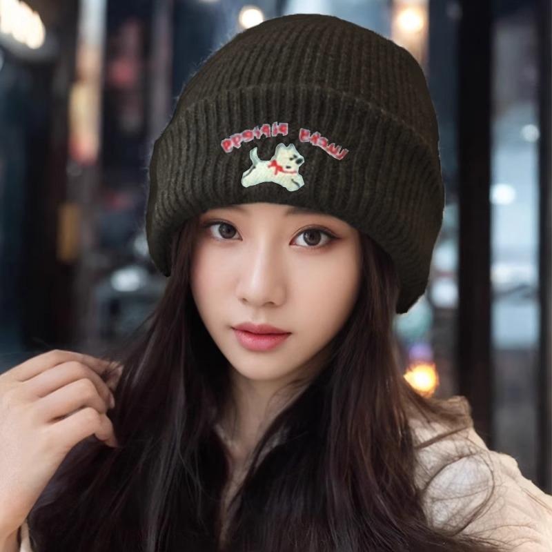 Korean Cute Puppy Knitted Wool Hat for Women Thickened Warm Autumn and Winter New Style Showing Face Small Bag Head Cartoon Cold Hat