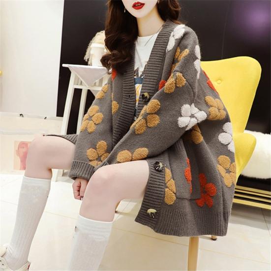 Women Sweater Coat V-Neck Long Sleeve Flower Pattern Knitted Cardigan with Pockets Loose Fit Autumn Winter Knitwear