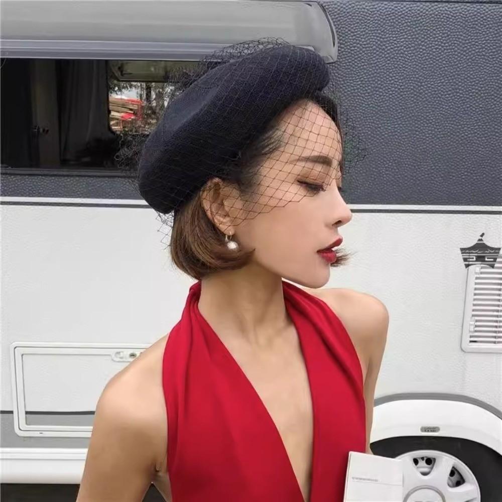French Style Mesh Wool Beret with Mesh Veil Beanie Cap Elegant Painter Hat Women