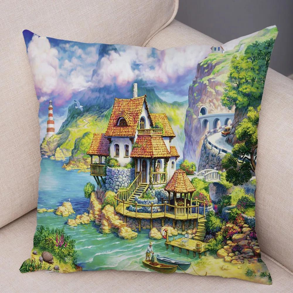 Vintage Colorful Style Coconut Tree Pillow Cover Country House Landscape  Sofa Car Office Cushion  Home Decor