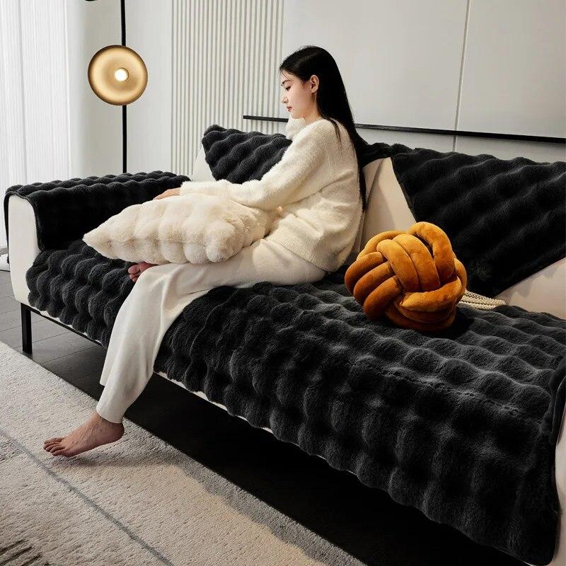 Soft Warm Faux Fur Couch Sofa Cover Thick Shaggy Fuzzy Sectional Couch Cover Non-Slip Solid Color Plush Sofa Slipcover Furniture