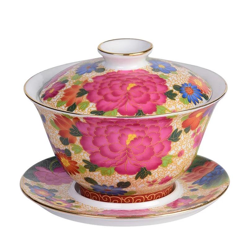 Chinese Kungfu Gaiwan Tea Tureen Intricately Designed Dragon and Phoenix Tea Cups with Elegant Ceramic Color Enamel Teaware