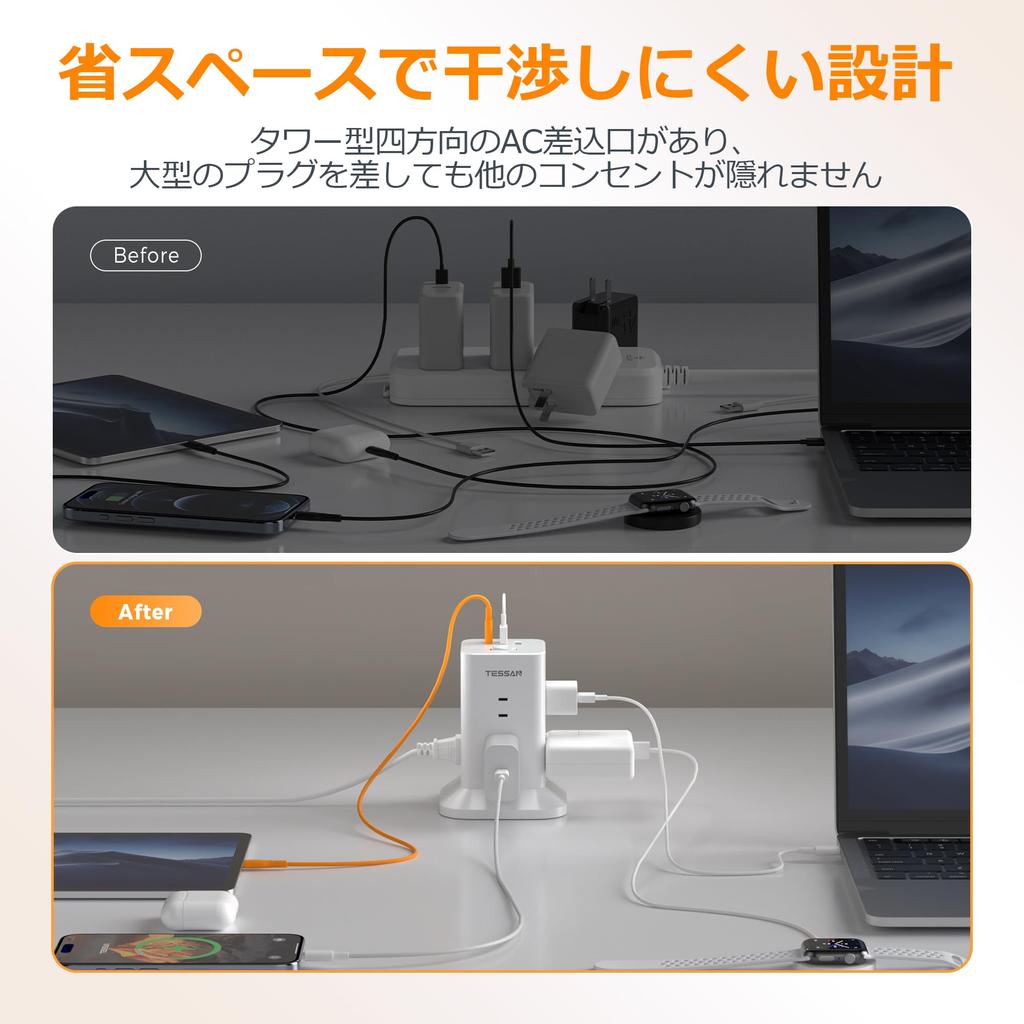 TESSAN Tower Mini Power Strip, 2m Extension Cord with 8 AC Outlets, 3 USB Ports, 180° Swing Plug, Octopus-shaped Outlets, and Lightning Guard,