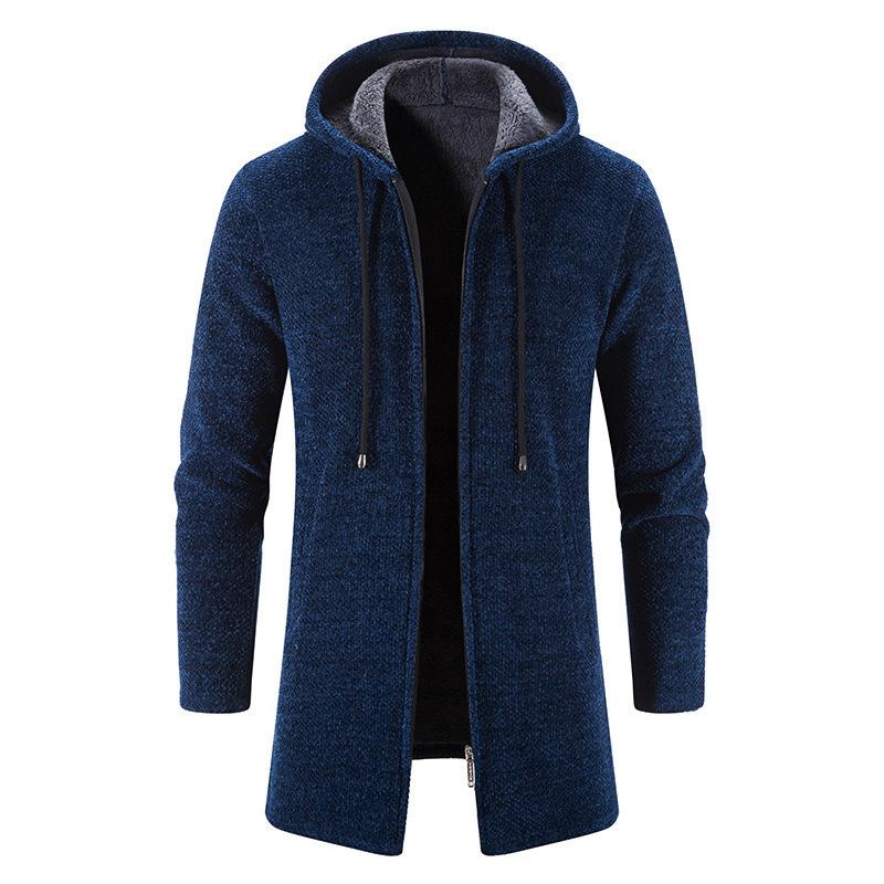 Autumn Winter New Style Hooded Fleece Lined Men Mid Length Loose Versatile Sweater Coat Loose Casual Knit Cardigan