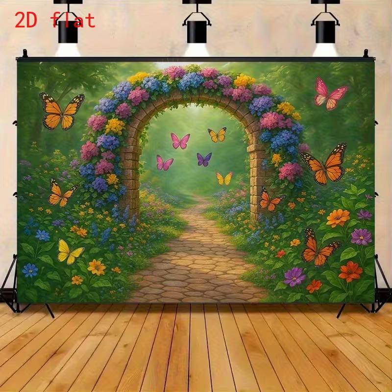 2D Whimsical Photo Booth Backdrop with Stone Arch and Colorful Butterflies