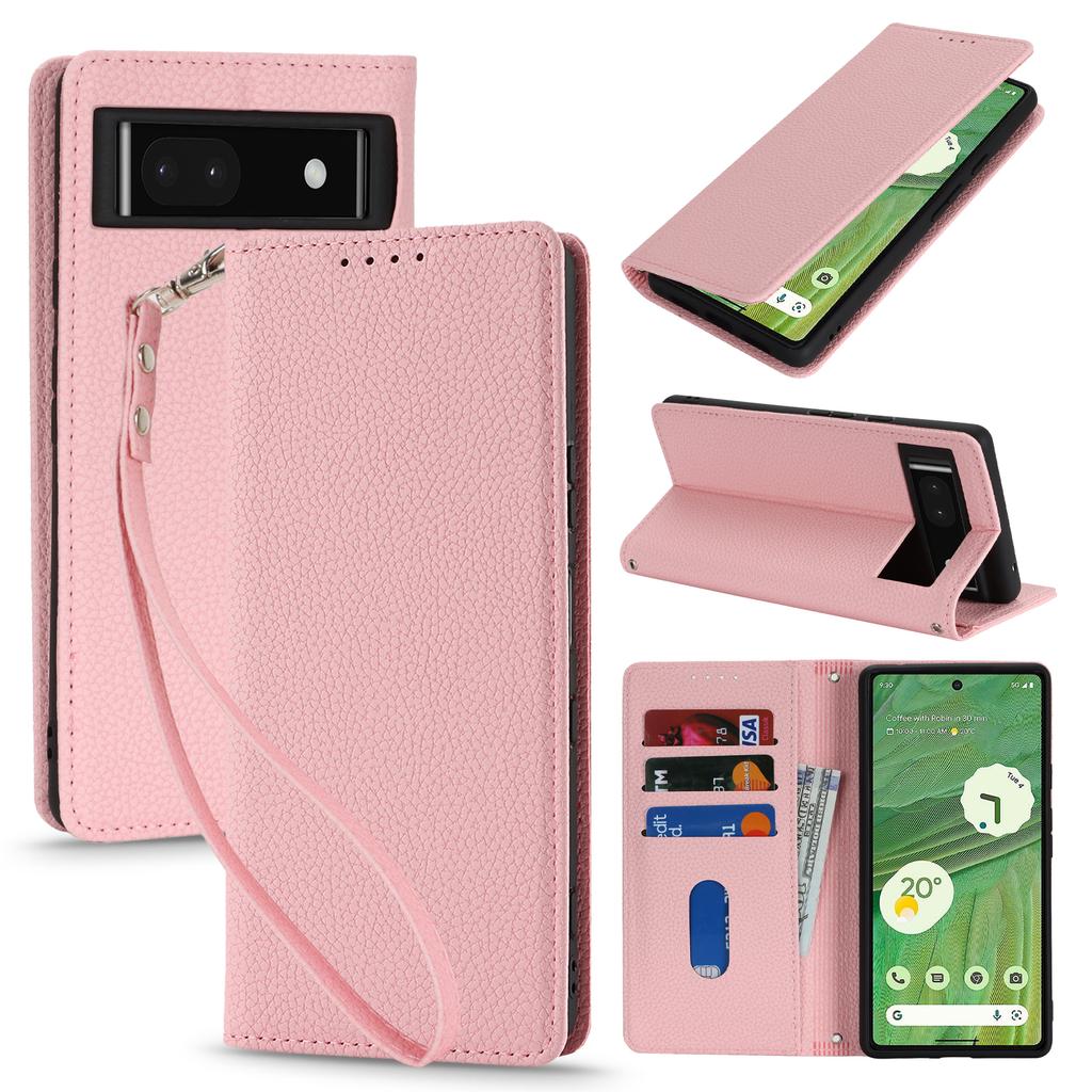 For Google Pixel 7 5G Case Stand Wallet Litchi Texture Leather Flip Phone Cover with Strap