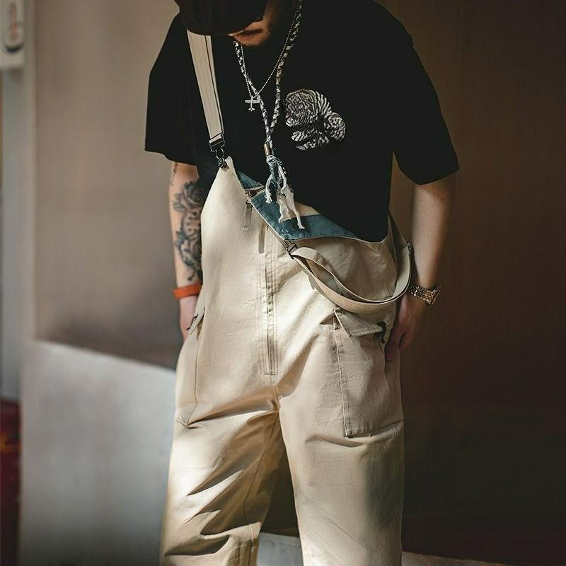 Tooling Retro Khaki Deck Overalls Straight Loose Casual Sling One-piece Long Pants Men's Autumn