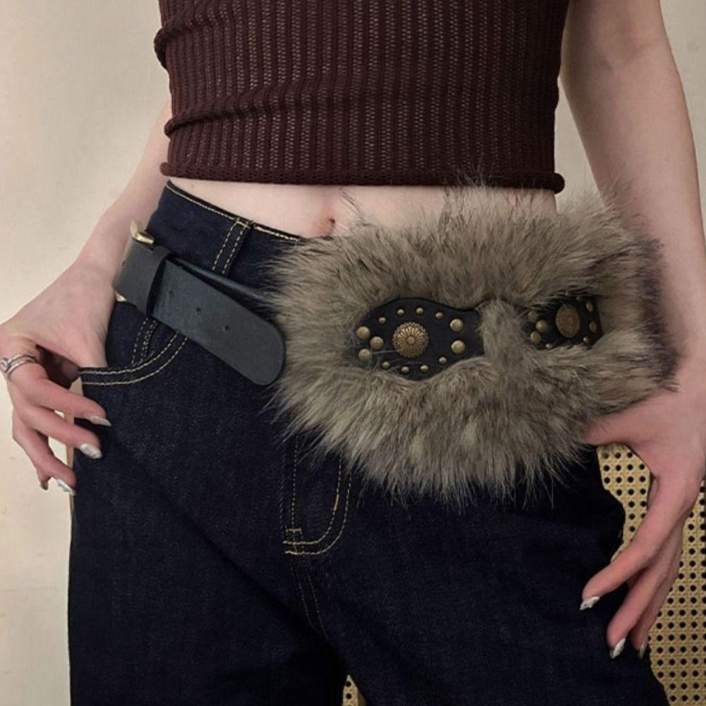 Spicy Girl Style Leather Fur Belt Punk Y2K Plush Waist Belt Fashion Furry Waistband  Daily