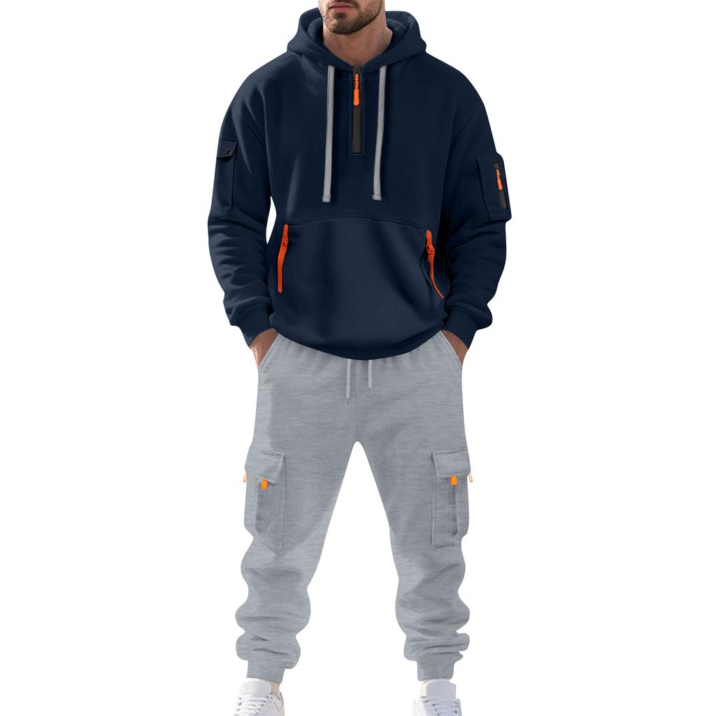 Traje Casual de Color Sólido para Hombre Sudadera Deportiva Holgada con Capucha con Bolsillos Mono con Múltiples Bolsillos