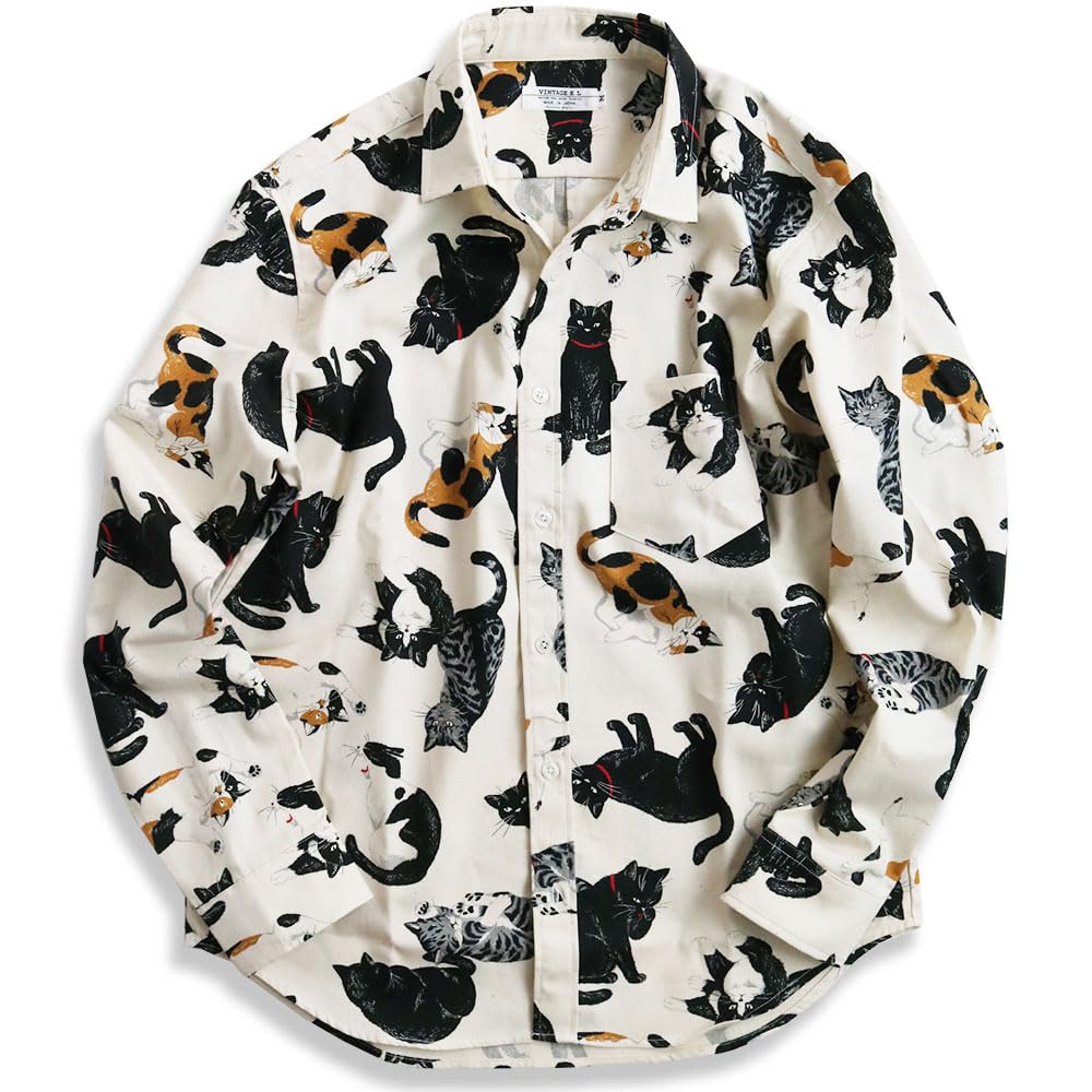 

Quintet Long Sleeve Shirt with Cat Animal Made in Men s Print, Print, Japan, 11-70160 (L, 11, Ivory)