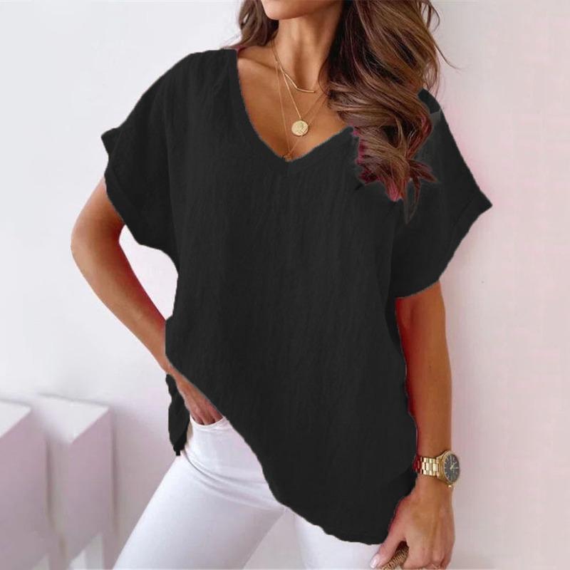 Summer New Short Sleeved V-neck Women T-shirt Solid Color Fashion Elegant Casual Office Blouse Plus Size Basic Loose Simple Tops Women's Clothing