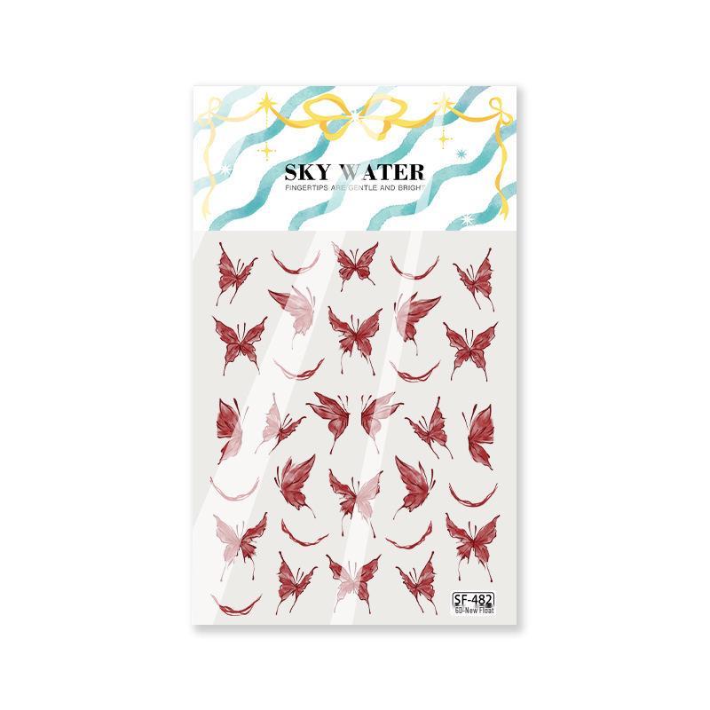 Sky New Year Red Butterfly 6D Embossed Nail Art Stickers with Ribbon Adhesive