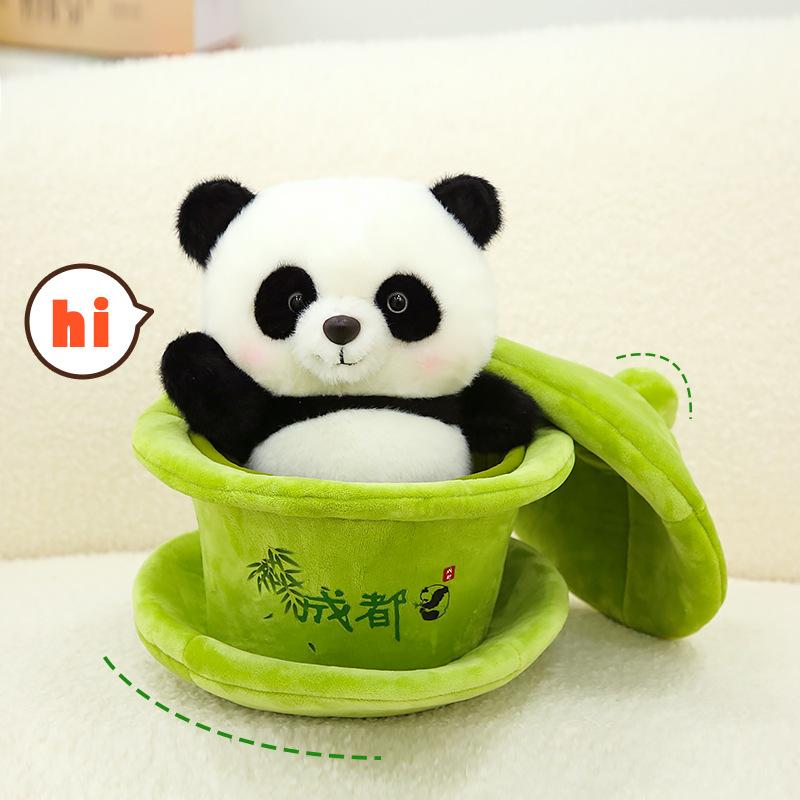 

New creative teacup panda doll plush toy Chengdu giant panda special cover bowl tea panda doll gift 25Cm
