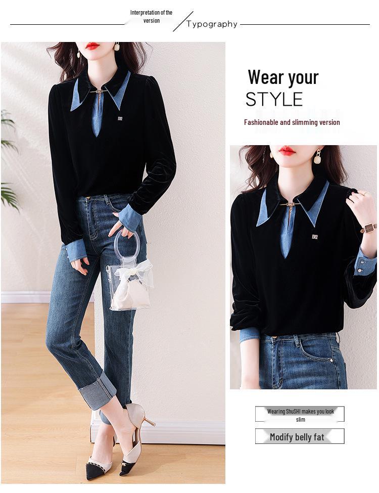 Women's Velvet Long Sleeve Denim Patchwork Two-Piece Shirt - Early Autumn 2023 Trend.