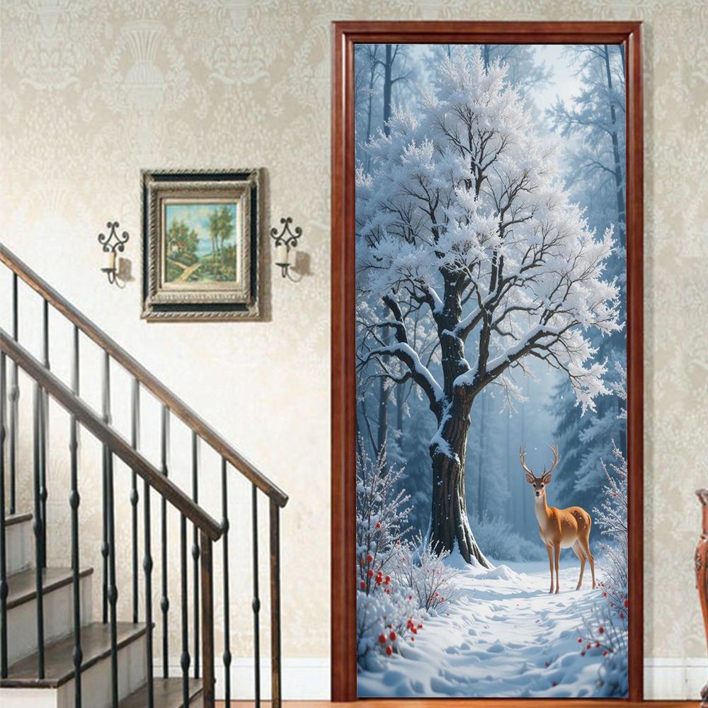 Christmas Tree PVC Self-Adhesive Waterproof Door Sticker Modern Simulation Door Mural Wallpaper Living Room Study Home Decor Art Door Poster