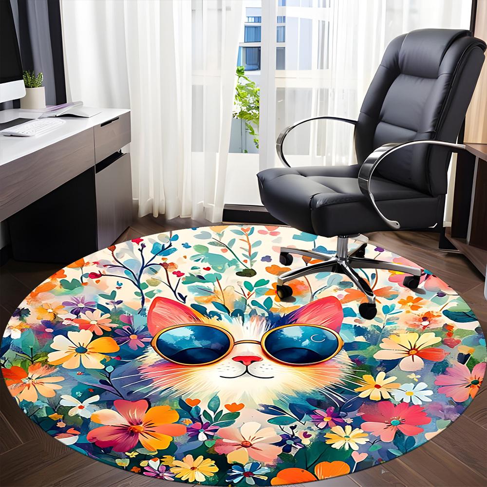 1pc Floral Cat Office Round Rug, Non-slip, Soft and Durable Office Rug for Interior Decoration, Perfect for Office,Decoration yy260204077