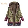 Women Winter Coat Retro Floral Print Zip Up Hooded Jacket Mid Length Plush Thick Warm Pockets Long Sleeves Daily Leisure Wear