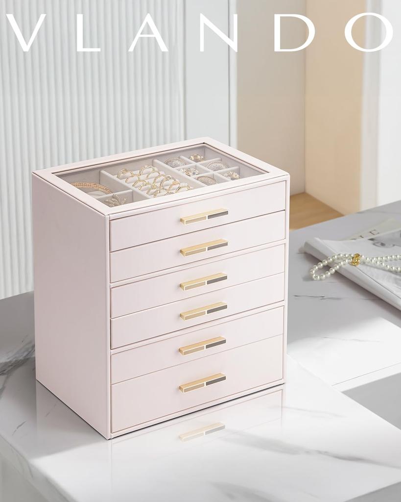 Vlando Schmuckschatulle mit Glasdeckel, Schmuckschatulle, Organizer für Halsketten, Ringe, Ohrringe, Armbänder, Zubehör, Aufbewahrung mit 6 Schubladen, Damen (Rosa)