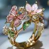 Zarter ästhetischer Emaille Schmetterling Blume Ring für Damen Eleganter Hochzeits-Verlobungs-Goldfarbener Schmuck Accessoires Geschenk
