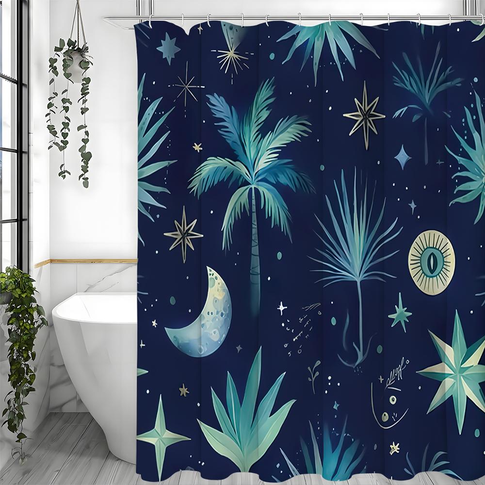 Moon Botanical Night Sky Shower Curtain, Bathroom Decorative Shower Curtain, Waterproof Shower Curtain with Hooks