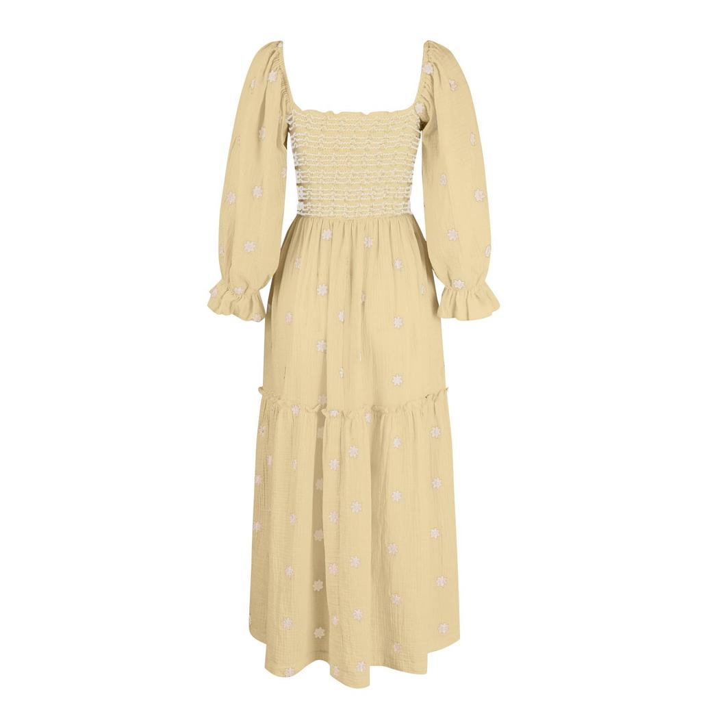 Herbst Damen Casual Kleid Quadrat Kragen Horn Ärmel Langen Rock Casual Und Sommer Maxi Kleider Für Frauen