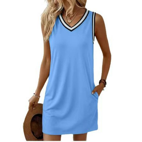 2026 Women's Color Block V-Neck Sleeveless Dress - Cross-Border E-commerce Collection