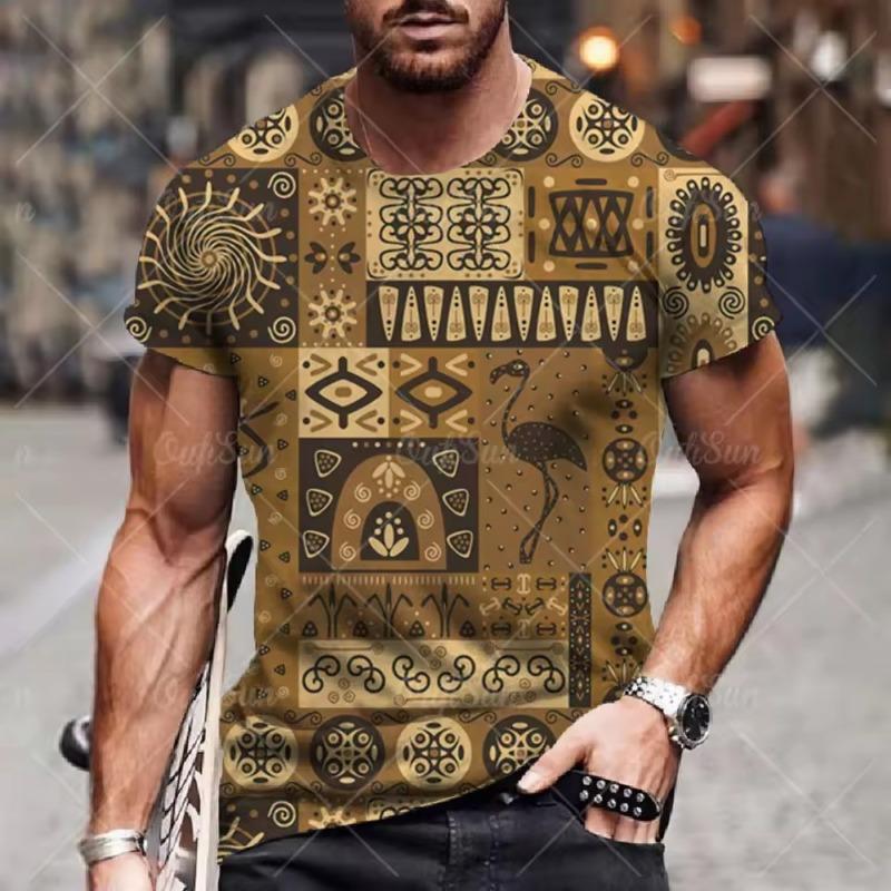 Men's T-shirt Ethnic Print 3D Casual Short Sleeve Summer Round Neck Streetwear Vintage Man Loose Sweatshirt Breathable Men Clothes
