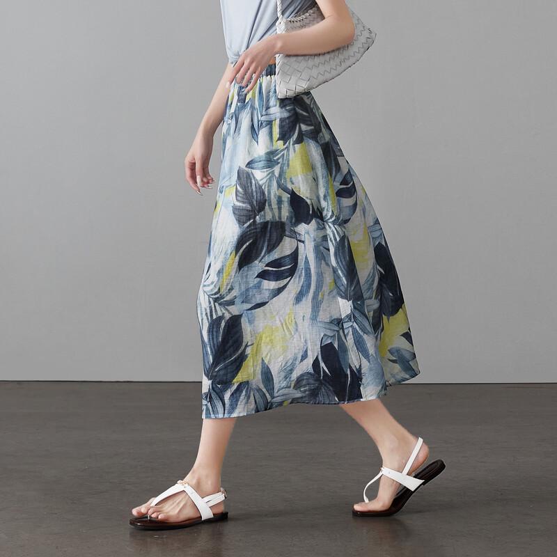 SOFSIL Summer Linen Blend Floral Print A-line Skirt XL