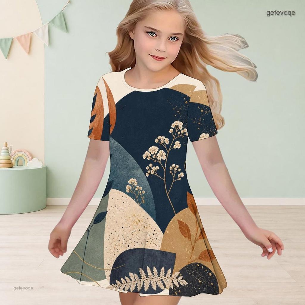 Girls Round Neck Short Sleeve Abstract Floral Printed A Line Flared Dress
