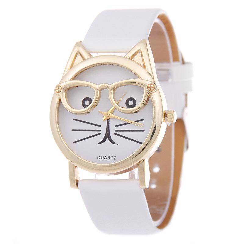 

Cat Glasses Face Womens Watch Cartoon Solid Color No Word Gold Frame Wear Daily белый
