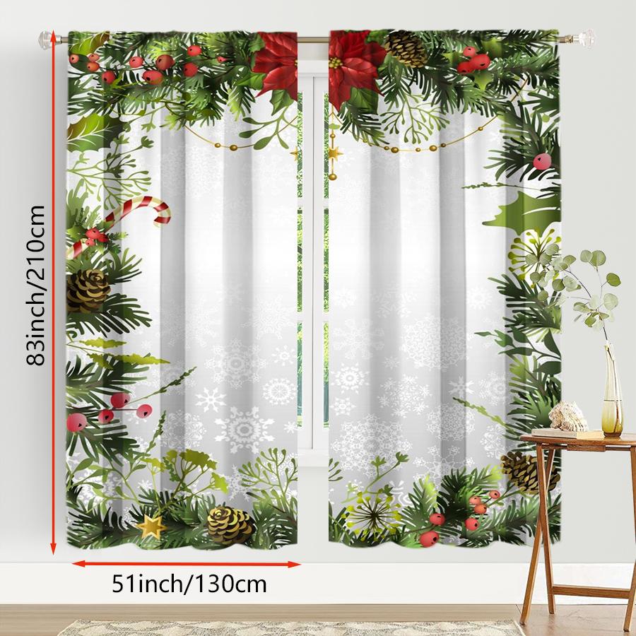 2PCS Digital Print Curtains, Pine Branch Red Berry Christmas Pattern, Natural Rustic Style for Xmas Holiday Home Decor