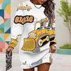 Women Plus Size Round Neck Long Sleeve Cartoon Printed White Yellow Sweatshirt Dress
