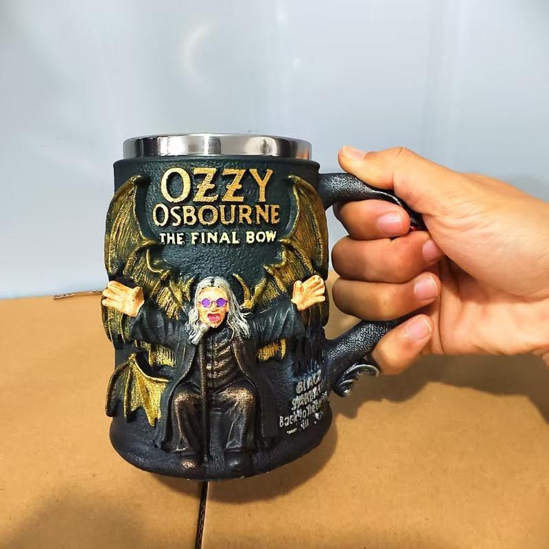 Neue Retro 3D Harz Tasse Ozzy Osbourne The Final Bow Handwerks-Dekoration Edelstahl Innenbehälter Tasse für Bar Restaurant & Zuhause