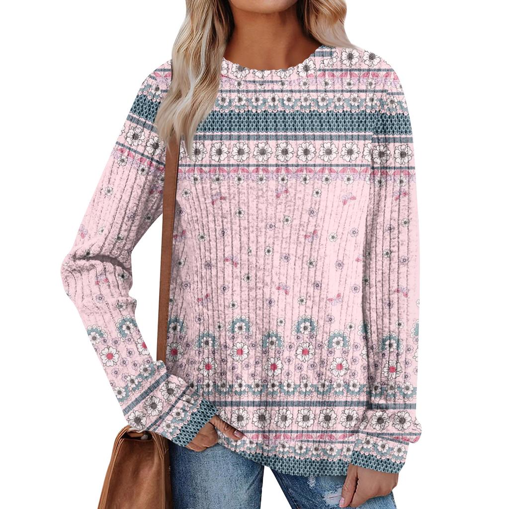 Women's Printed Lightweight Brushed-Cotton Round Neck Top