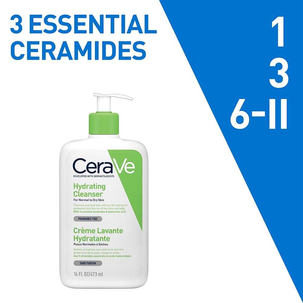 CeraVe Hydrating Cleanser for Normal To Dry Skin 473ml with Hyaluronic Acid 3 Essential Ceramides &