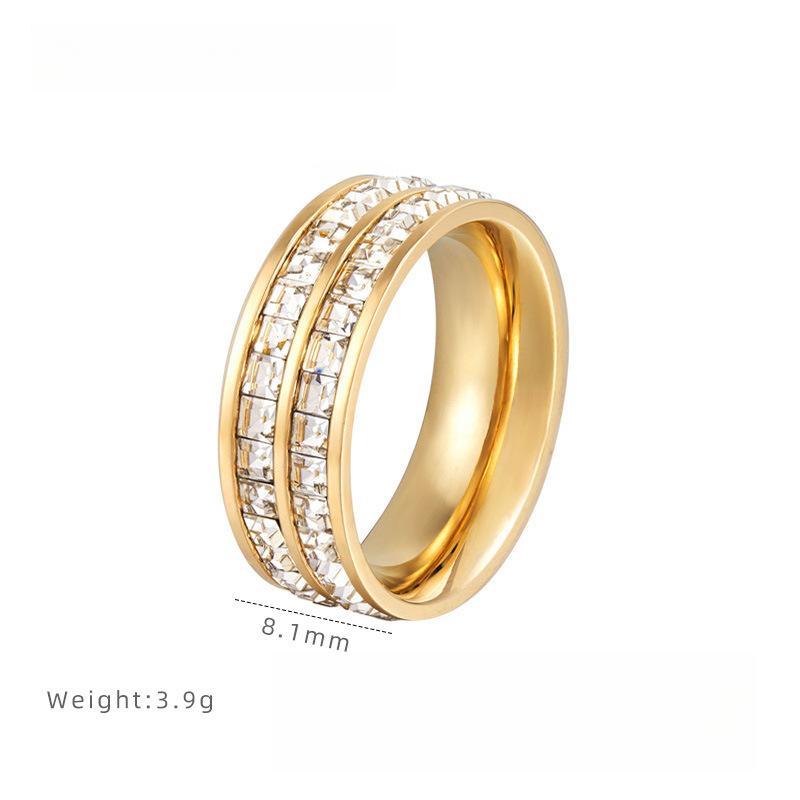 Double Row Full Diamond Sugar Cube Ring Female Gypsy Star Simple Ring Titanium Steel Electroplated Jewelry