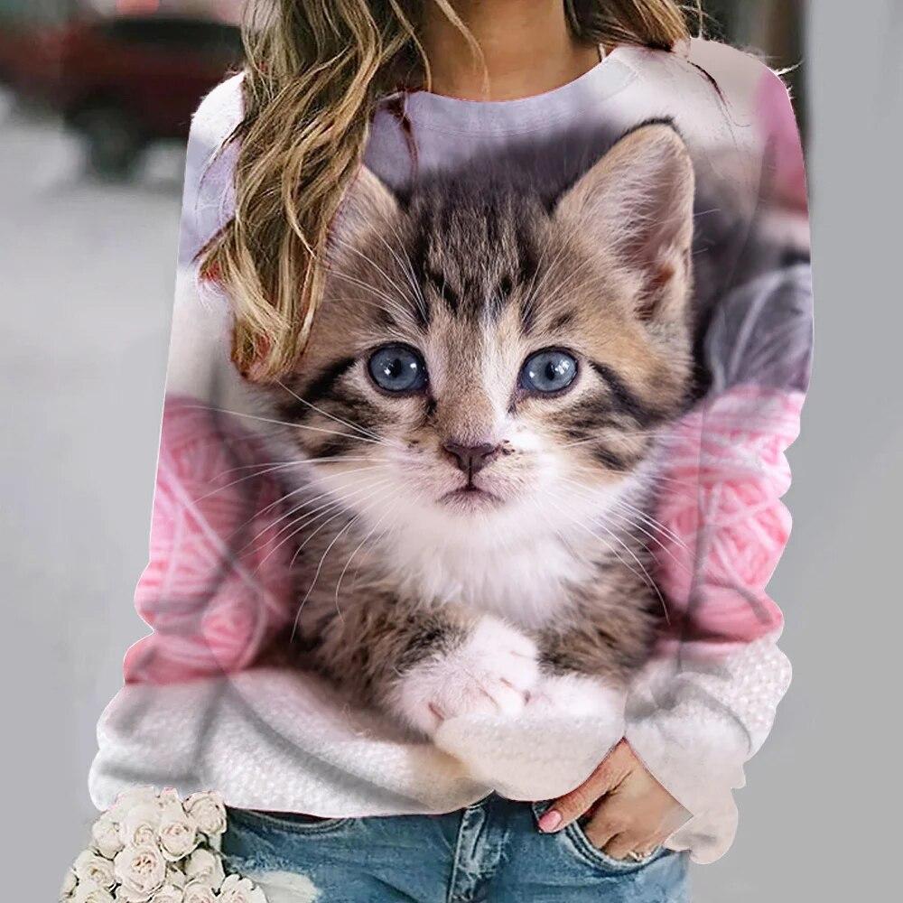 Kadın kazak moda O boyun uzun kollu tişört gevşek taklit pamuklu giysiler kadın rahat sevimli kedi T Shirt kızlar için sokak