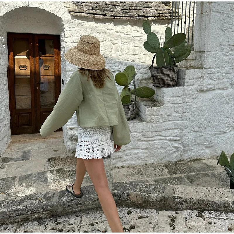 2025 Sommer Hvite Snøreskjorter for Kvinner Elegant Løs Langermet V-hals Bluse Dame Ensfarget Casual Street Chic dame Topper