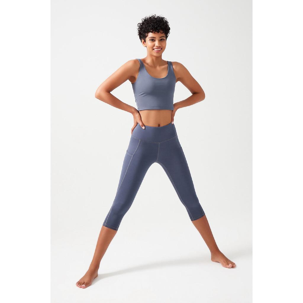 Women's Black High Waist Collecting Double Pocket Below Knee Capri Leggings Capri