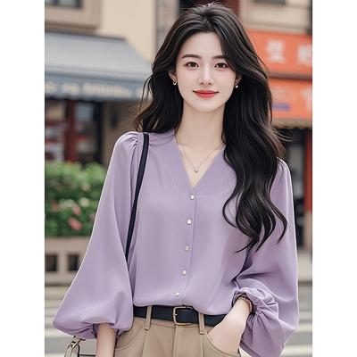 Atmospheric Purple Shirt Women's Autumn Clothing New French Gas V-neck Lantern Sleeve Shirt