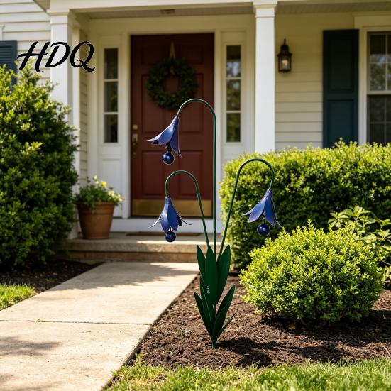 Handcrafted Metal Garden Stake Triple Bluebells with Bells Handmade Flower Yard Art Stakes With Wind Chimes Rustic Decorative Outdoor Bell for Lawn