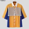 INCERUN Men Lapel Neck Short Sleeve Stitching Lace Splicing Casual Oversized Shirts